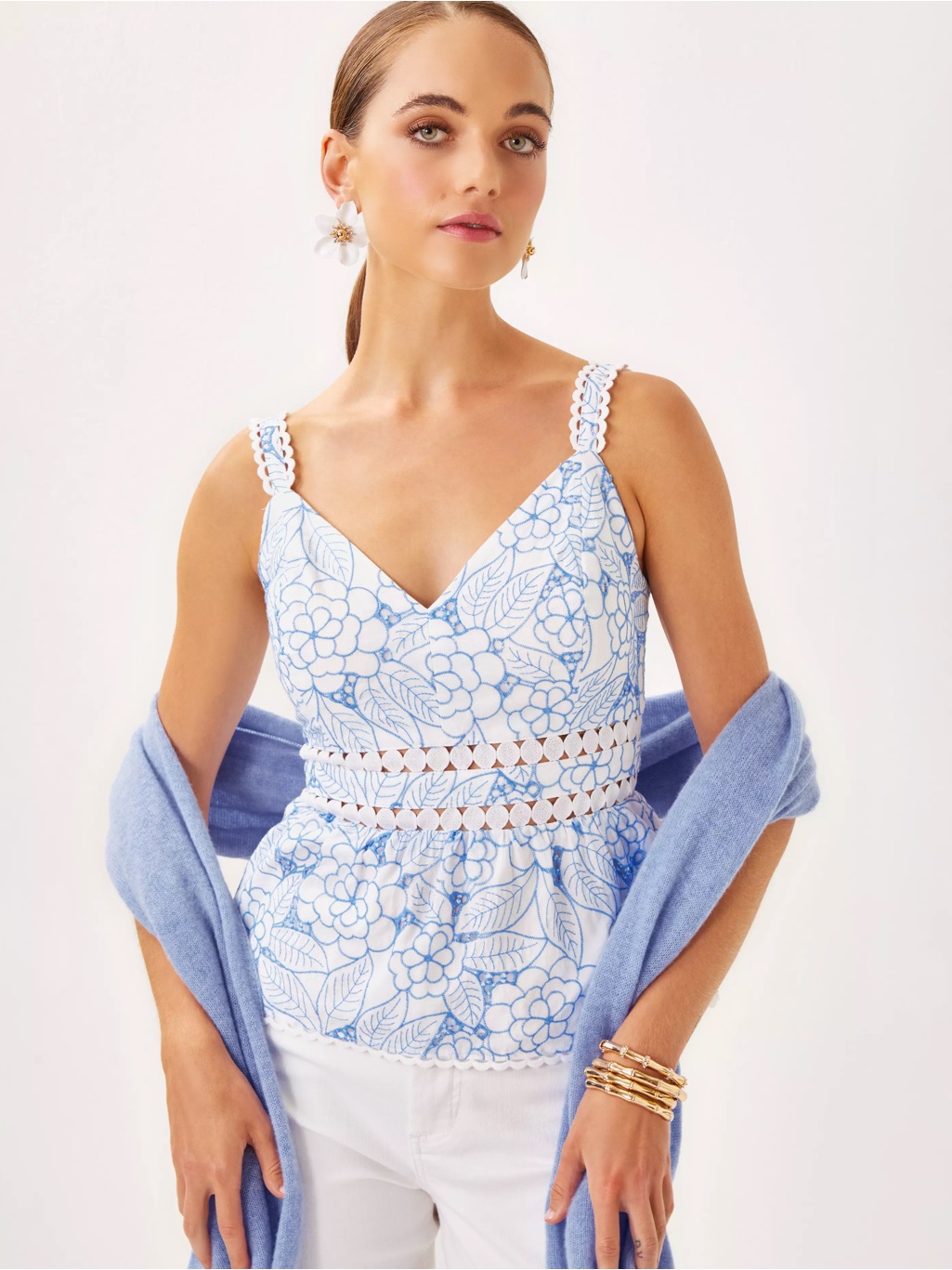 Lilly Pulitzer White And Light Blue Floral Crochet-Trim Tank Top